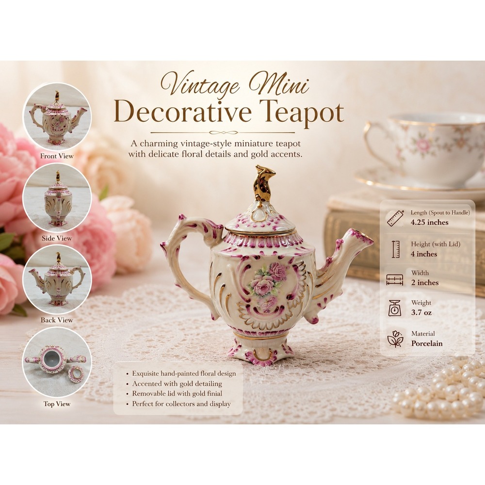 Vintage Style Miniature Porcelain Teapot Pink Floral Gold Gilt Decorative Mini